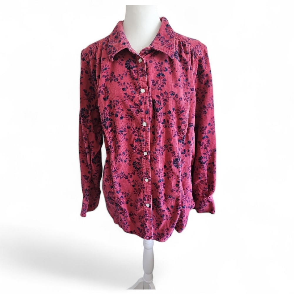 Basic Editions Plus 100% Cotton Pink Corduroy Button Down Blouse 1X